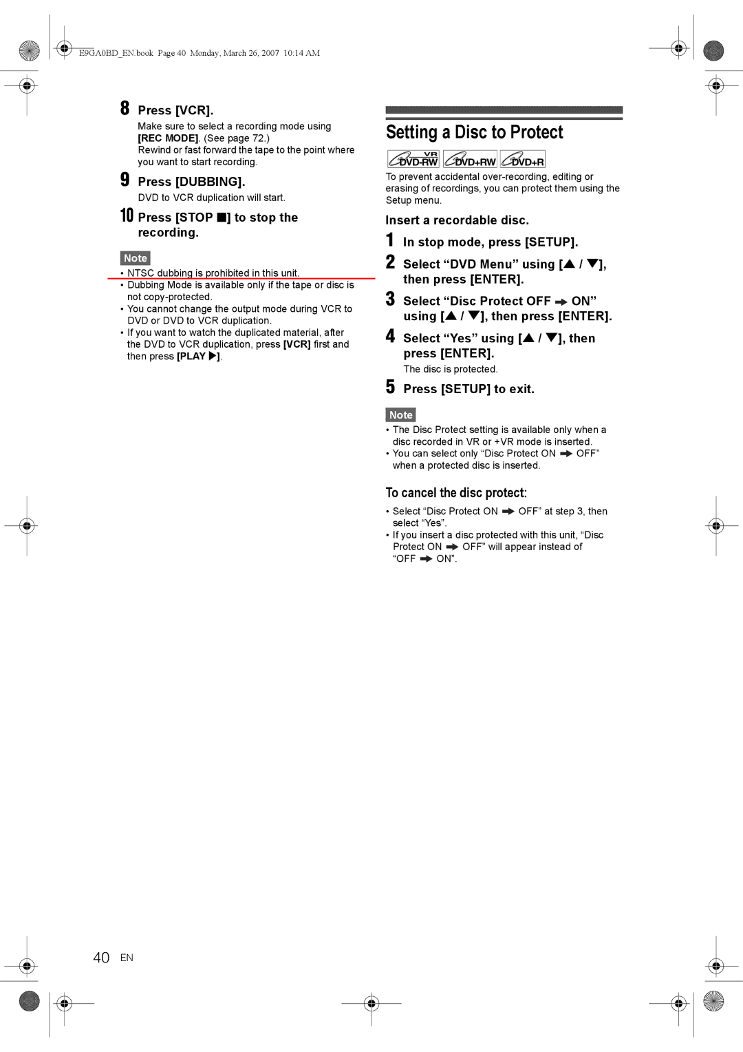 Toshiba D-VR17KB Setting a Disc to Protect, 40 EN, To cancel the disc protect, DVD to VCR duplication will start 