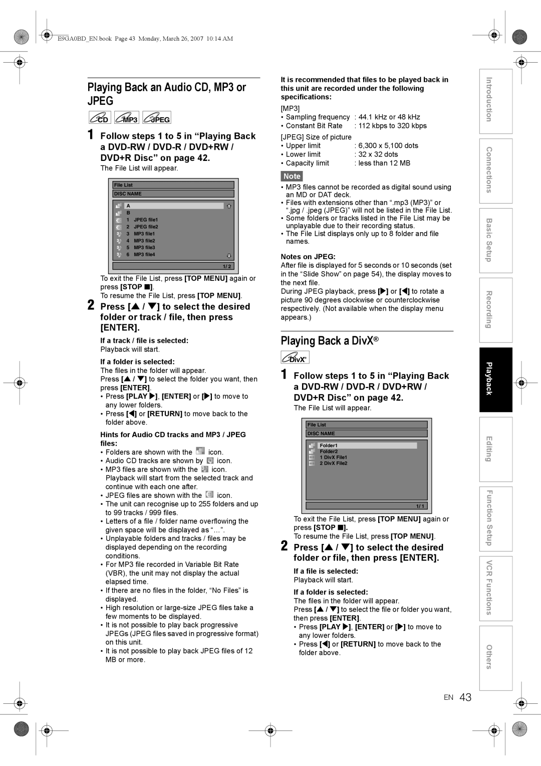 Toshiba D-VR17KB owner manual Playing Back an Audio CD, MP3 or, Playing Back a DivX 