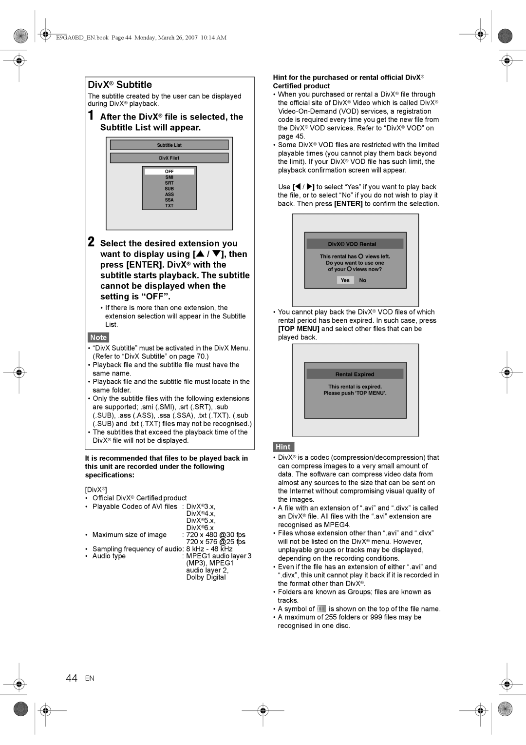 Toshiba D-VR17KB owner manual 44 EN, DivX Subtitle, MP3, MPEG1, Audio layer, Dolby Digital 