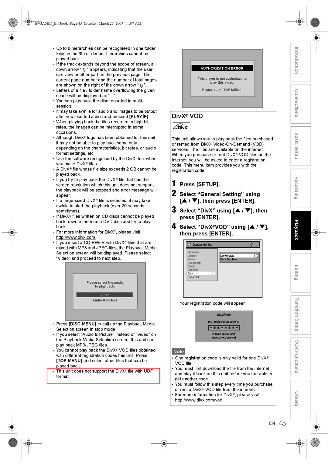 Toshiba D-VR17KB owner manual DivX VOD, Your registration code will appear 