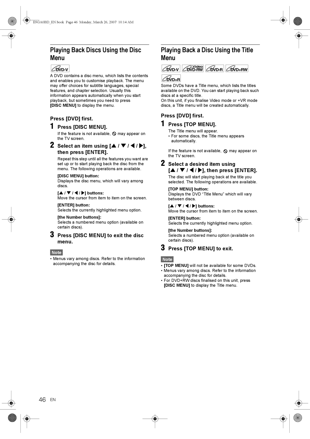 Toshiba D-VR17KB owner manual Playing Back Discs Using the Disc Menu, Playing Back a Disc Using the Title Menu, 46 EN 