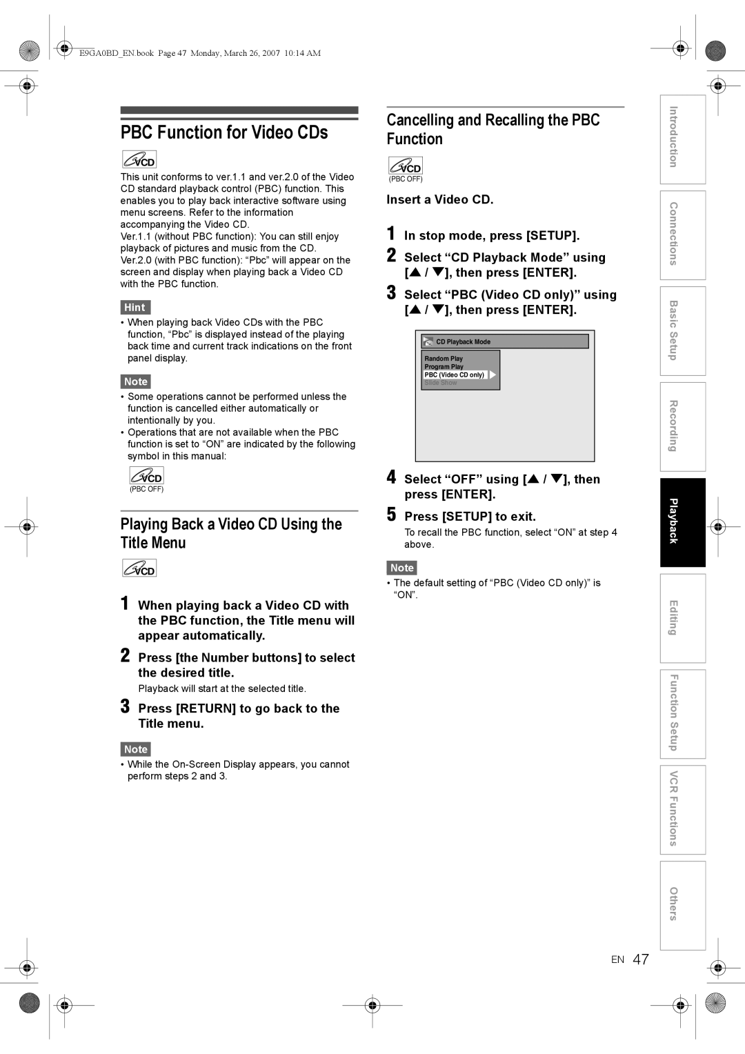 Toshiba D-VR17KB owner manual PBC Function for Video CDs, Playing Back a Video CD Using the Title Menu 