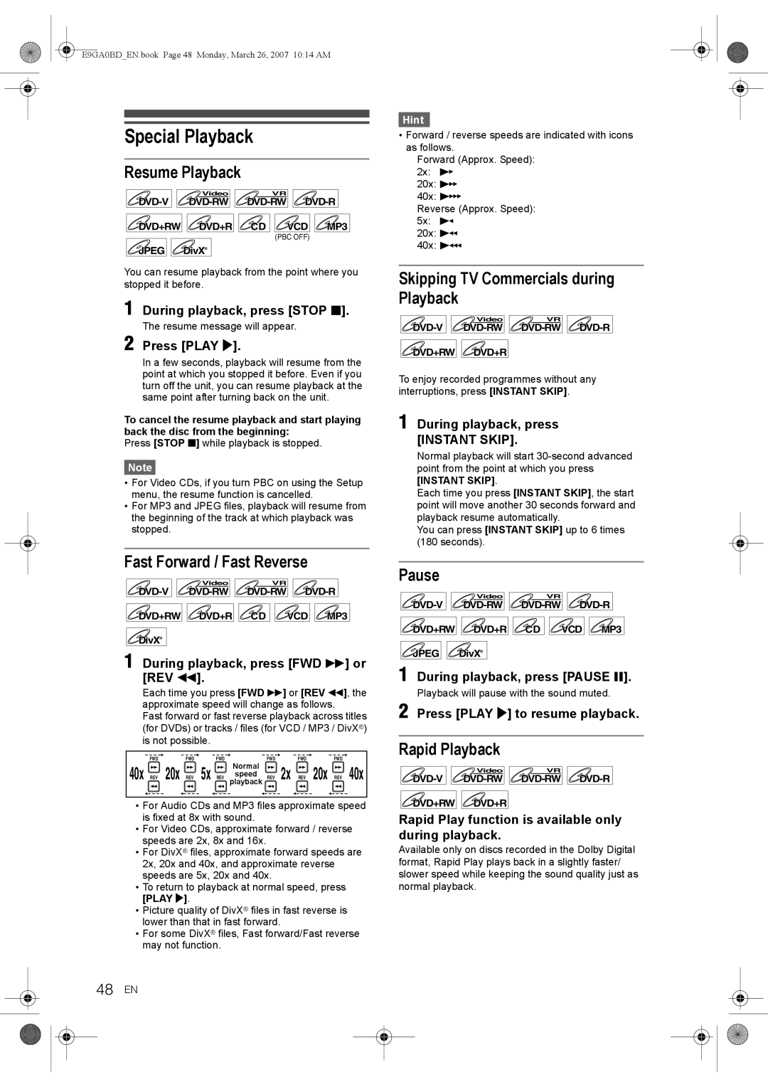 Toshiba D-VR17KB owner manual Special Playback 