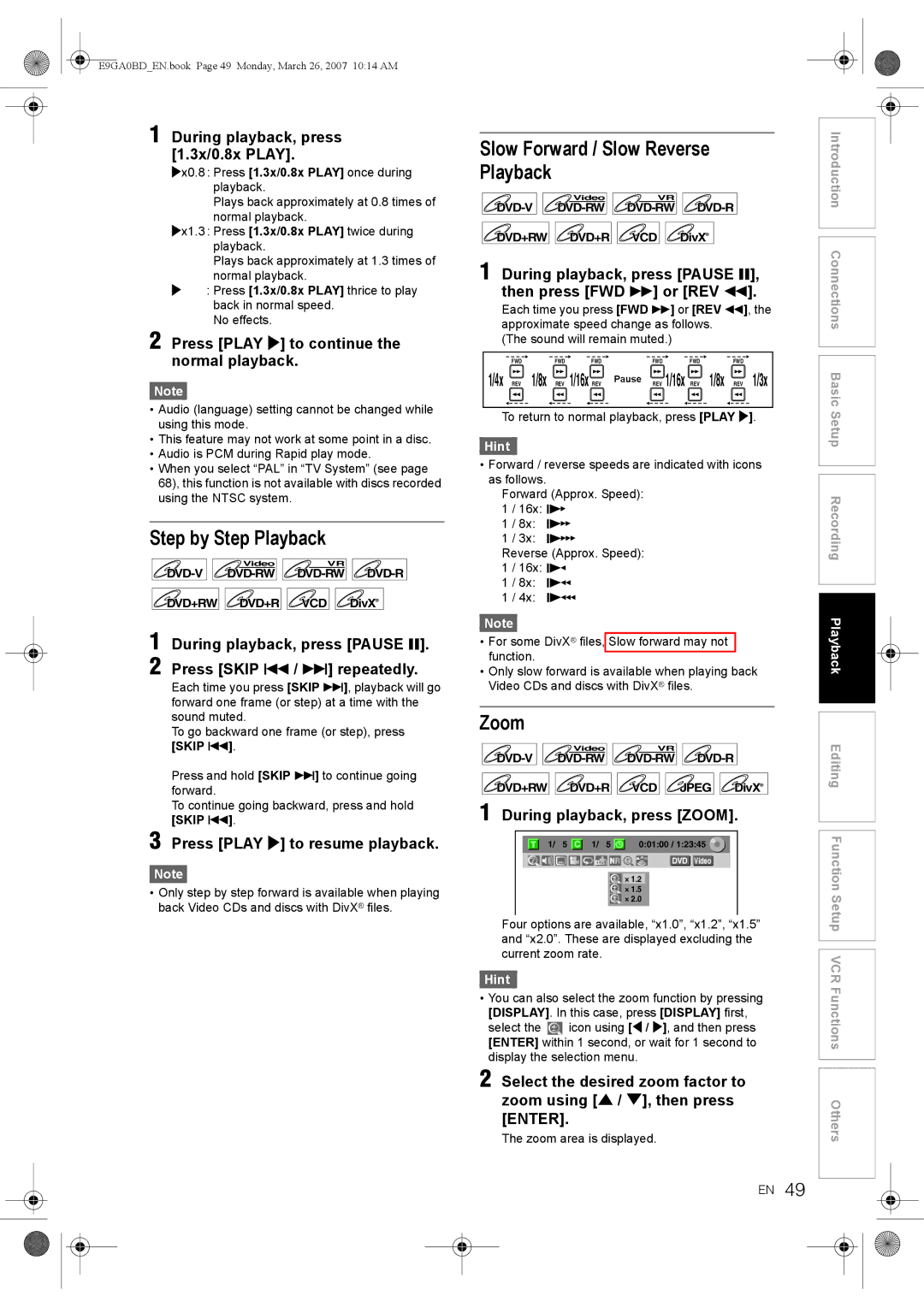 Toshiba D-VR17KB owner manual Step by Step Playback, Slow Forward / Slow Reverse Playback, Zoom 