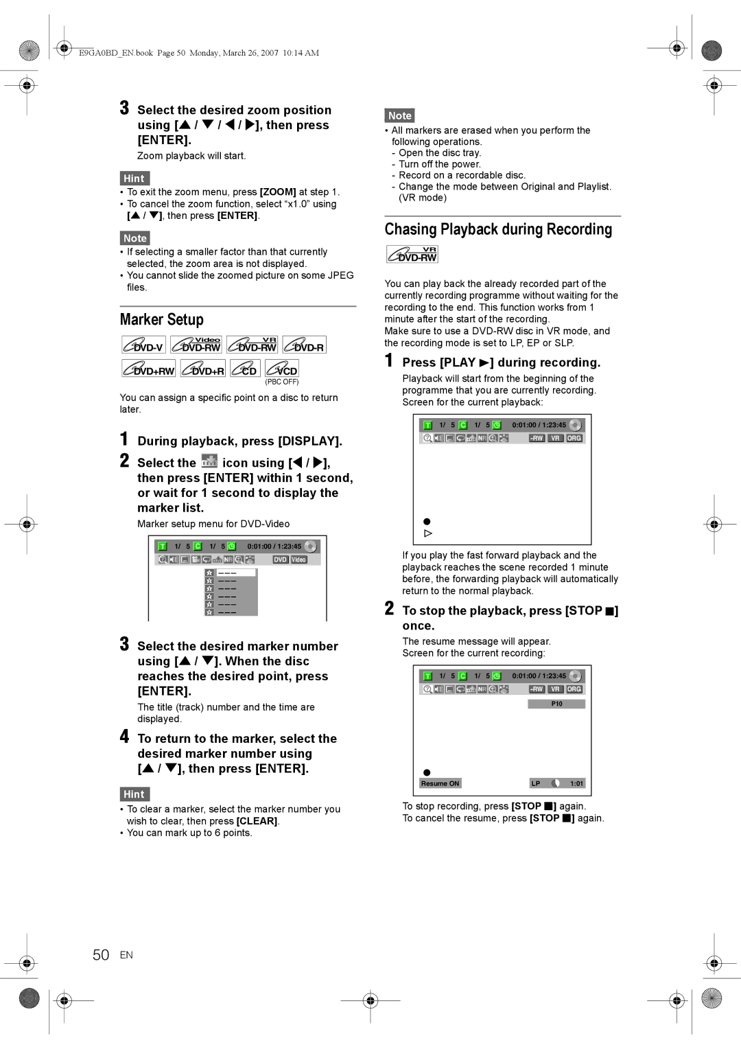 Toshiba D-VR17KB owner manual Marker Setup, Chasing Playback during Recording, 50 EN, Press Play B during recording 