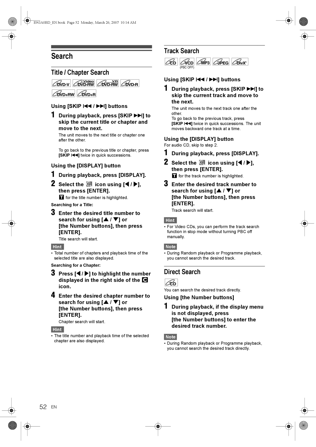 Toshiba D-VR17KB owner manual Title / Chapter Search, Track Search, Direct Search, 52 EN 