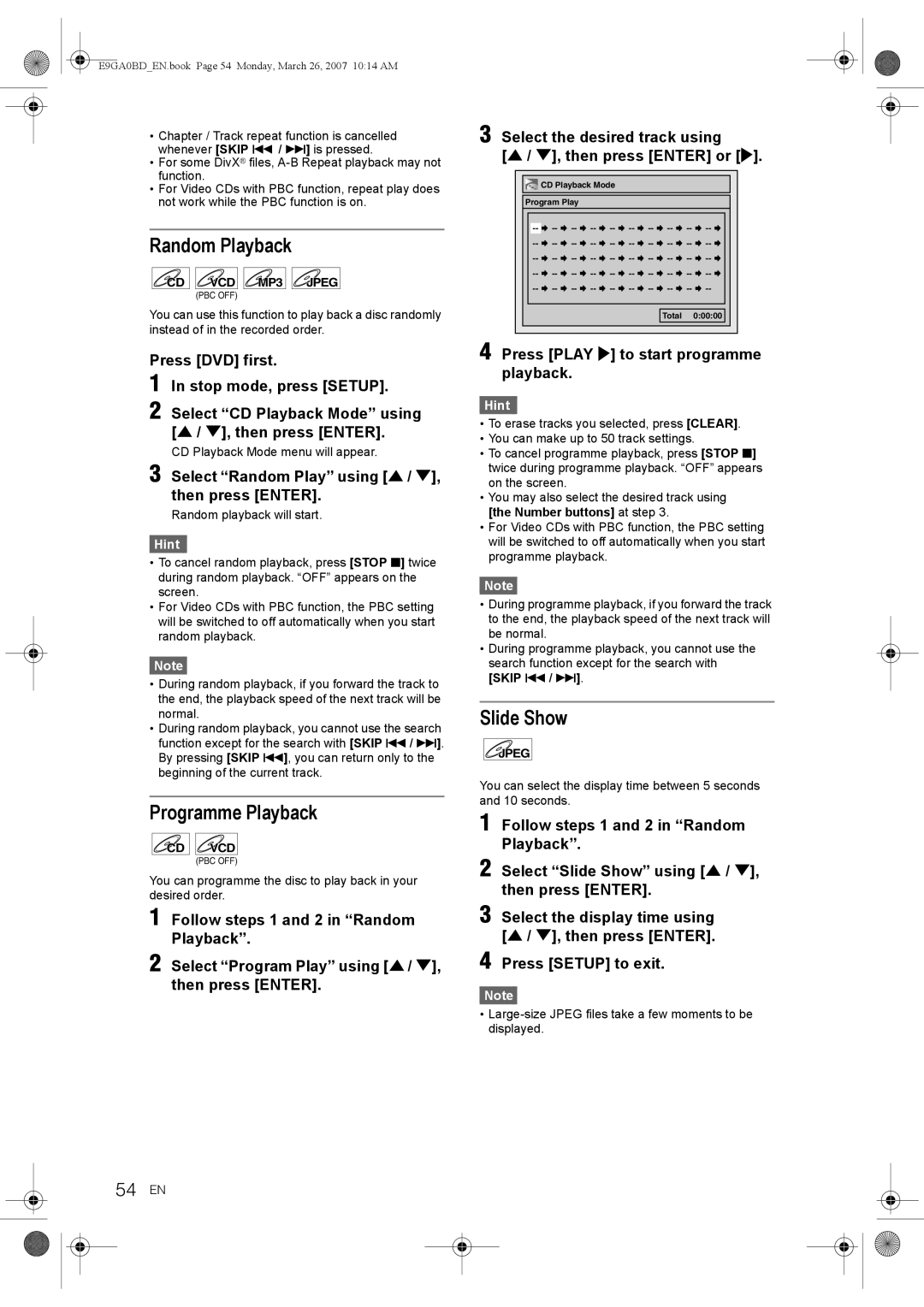 Toshiba D-VR17KB owner manual Random Playback, Programme Playback, Slide Show, 54 EN 