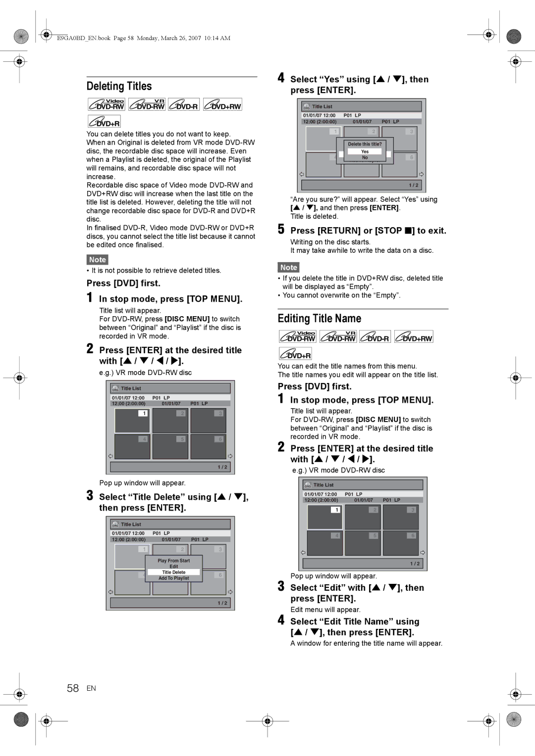 Toshiba D-VR17KB owner manual Deleting Titles, Editing Title Name, 58 EN 