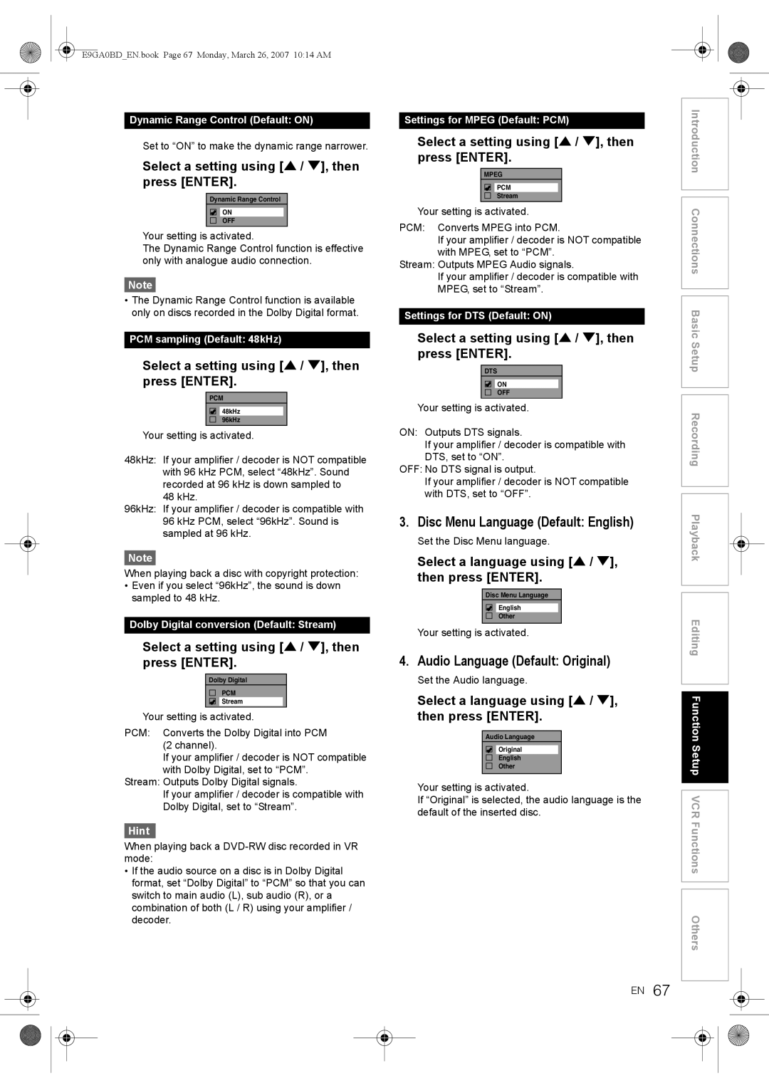 Toshiba D-VR17KB owner manual Disc Menu Language Default English, Audio Language Default Original 