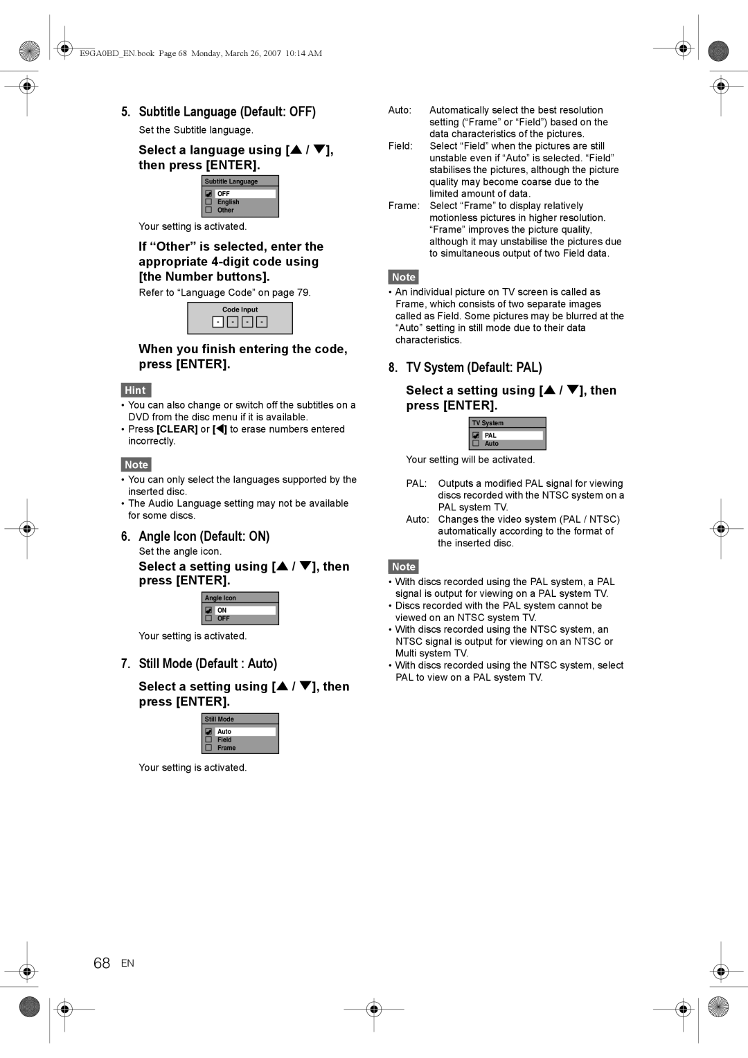 Toshiba D-VR17KB owner manual 68 EN, Subtitle Language Default OFF, Angle Icon Default on, Still Mode Default Auto 