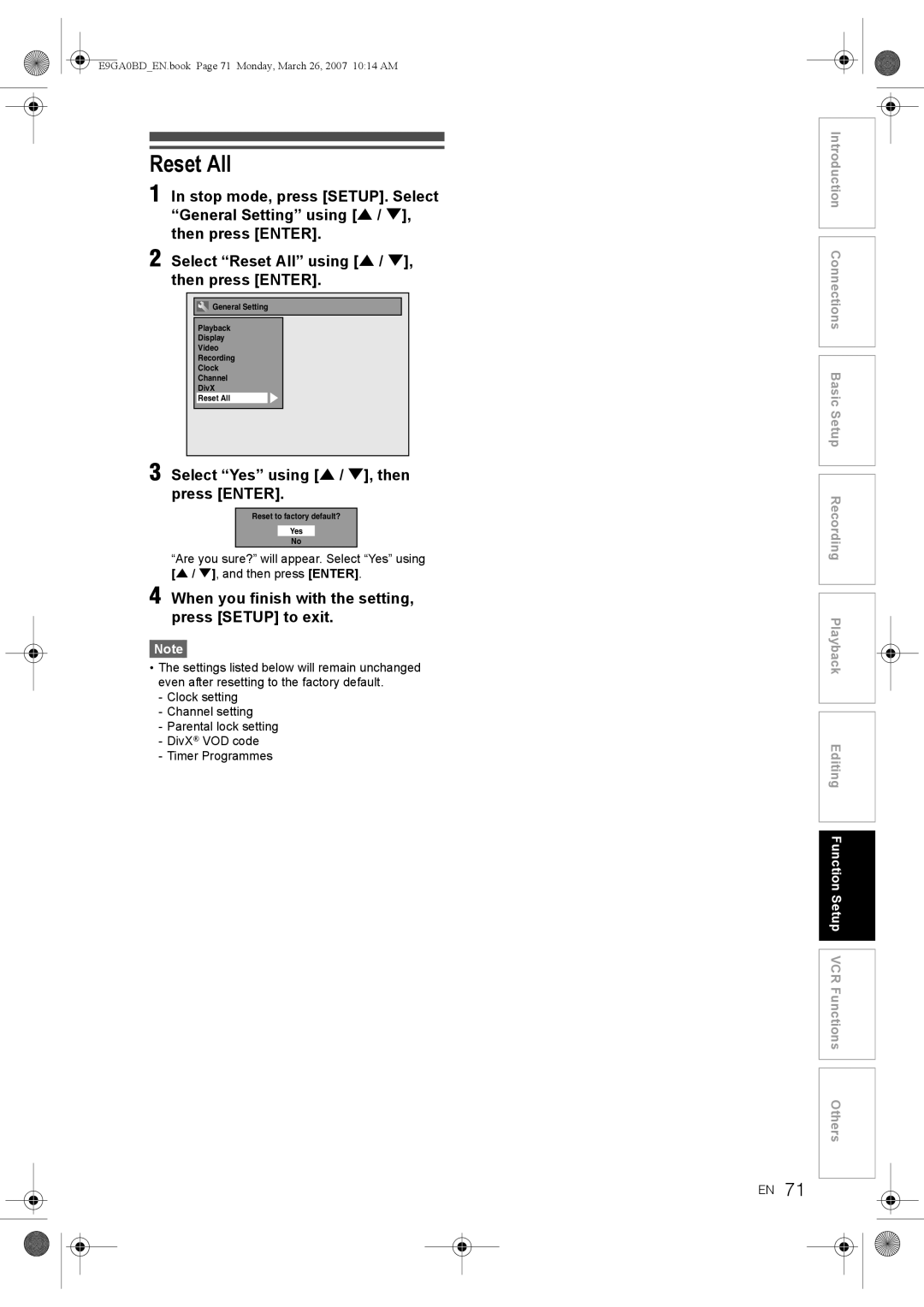 Toshiba D-VR17KB owner manual Reset All, Select Yes using U / D, then press Enter 