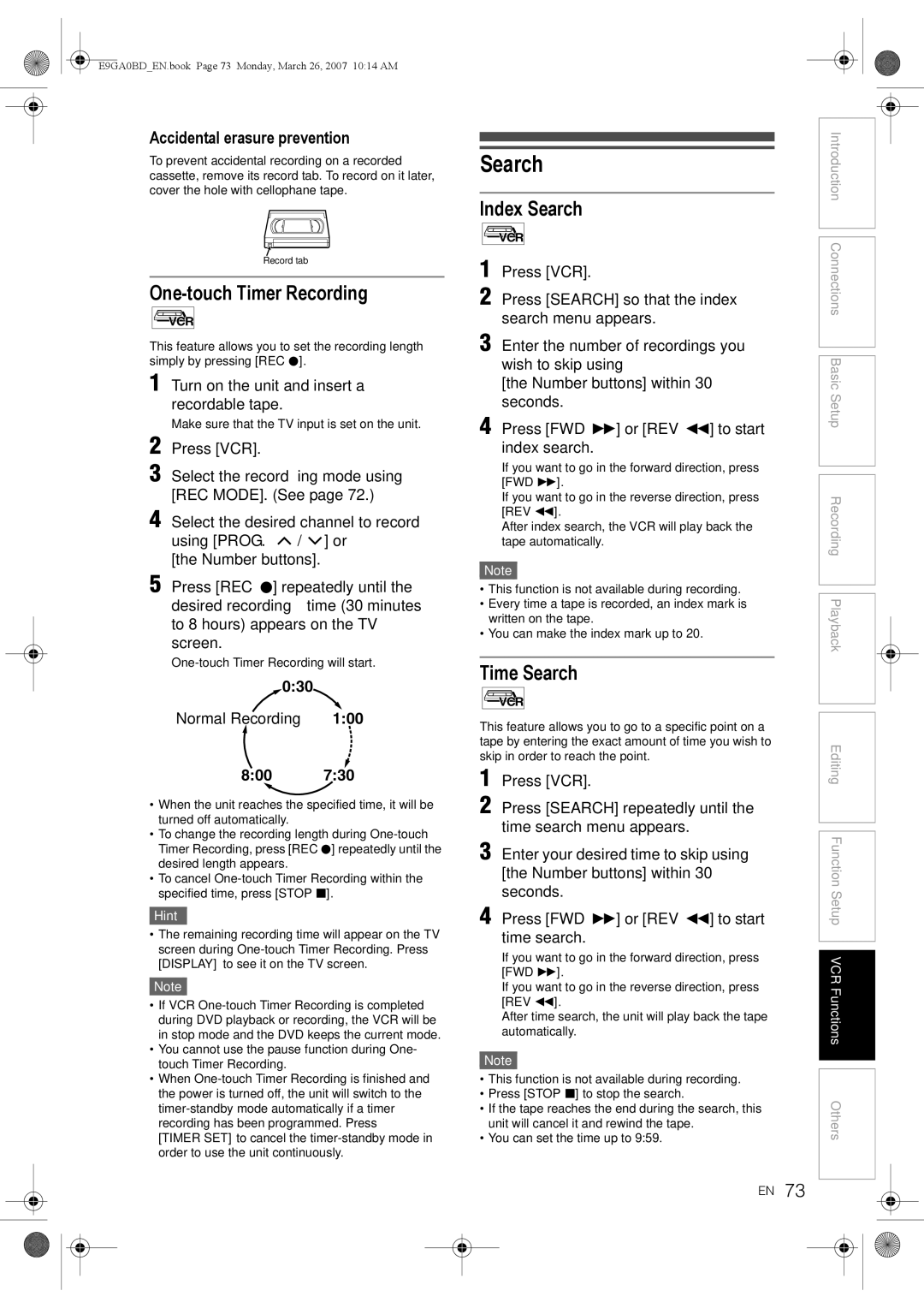 Toshiba D-VR17KB owner manual One-touch Timer Recording, Index Search, Accidental erasure prevention 