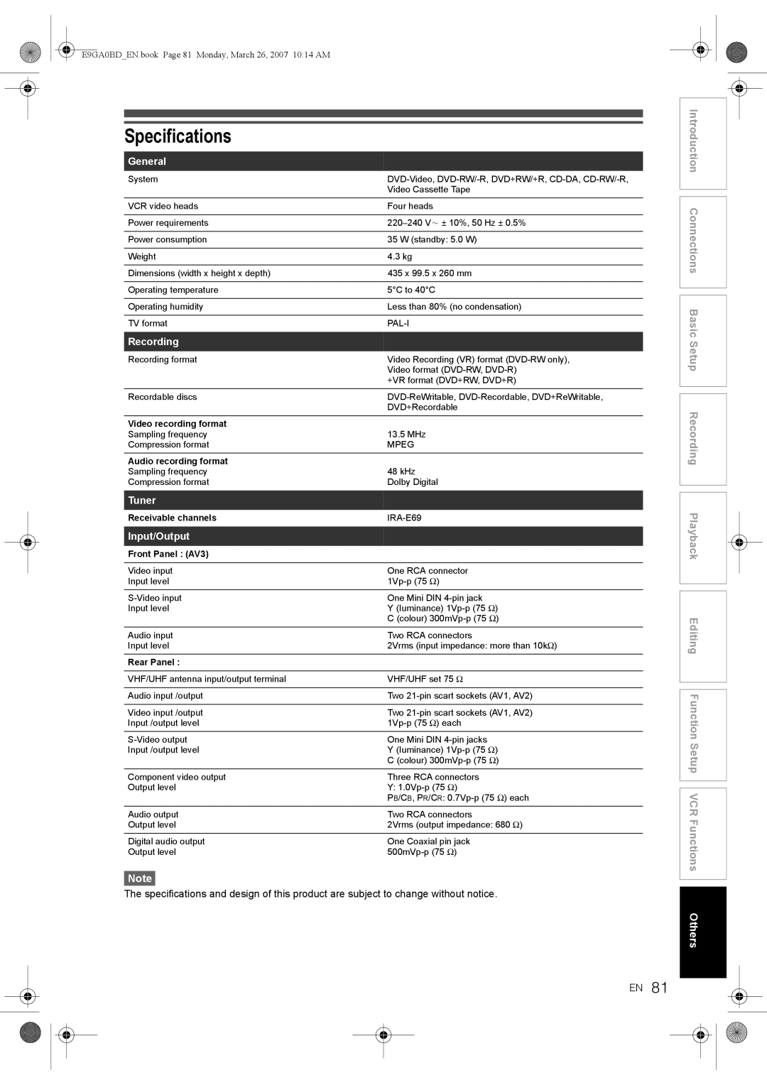 Toshiba D-VR17KB owner manual Specifications, General, Recording, Tuner, Input/Output 