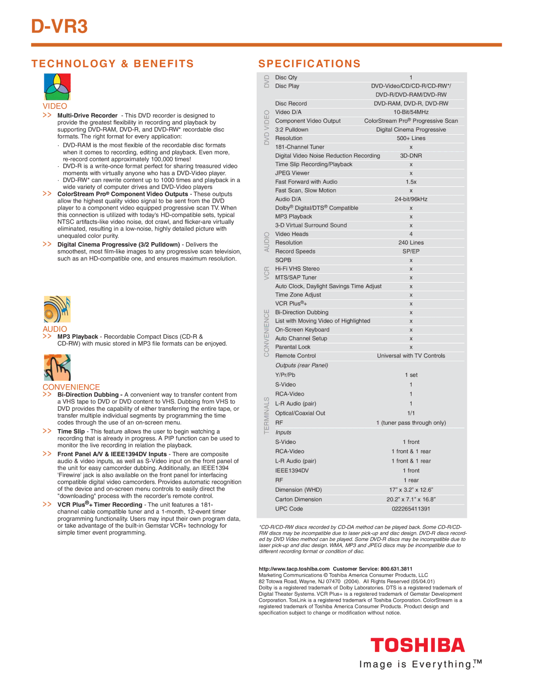 Toshiba D-VR3 manual Technology & Benefits, Specifications, Video, Audio, Convenience 