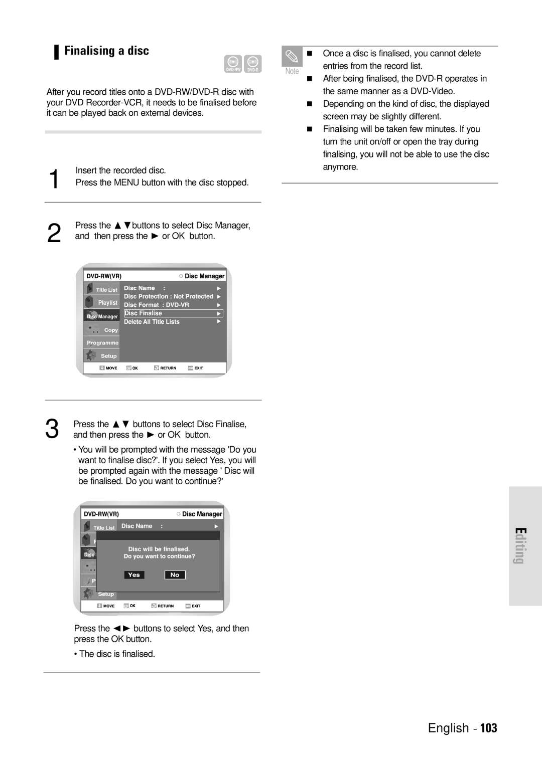 Toshiba D-VR3SB owner manual Finalising a disc 