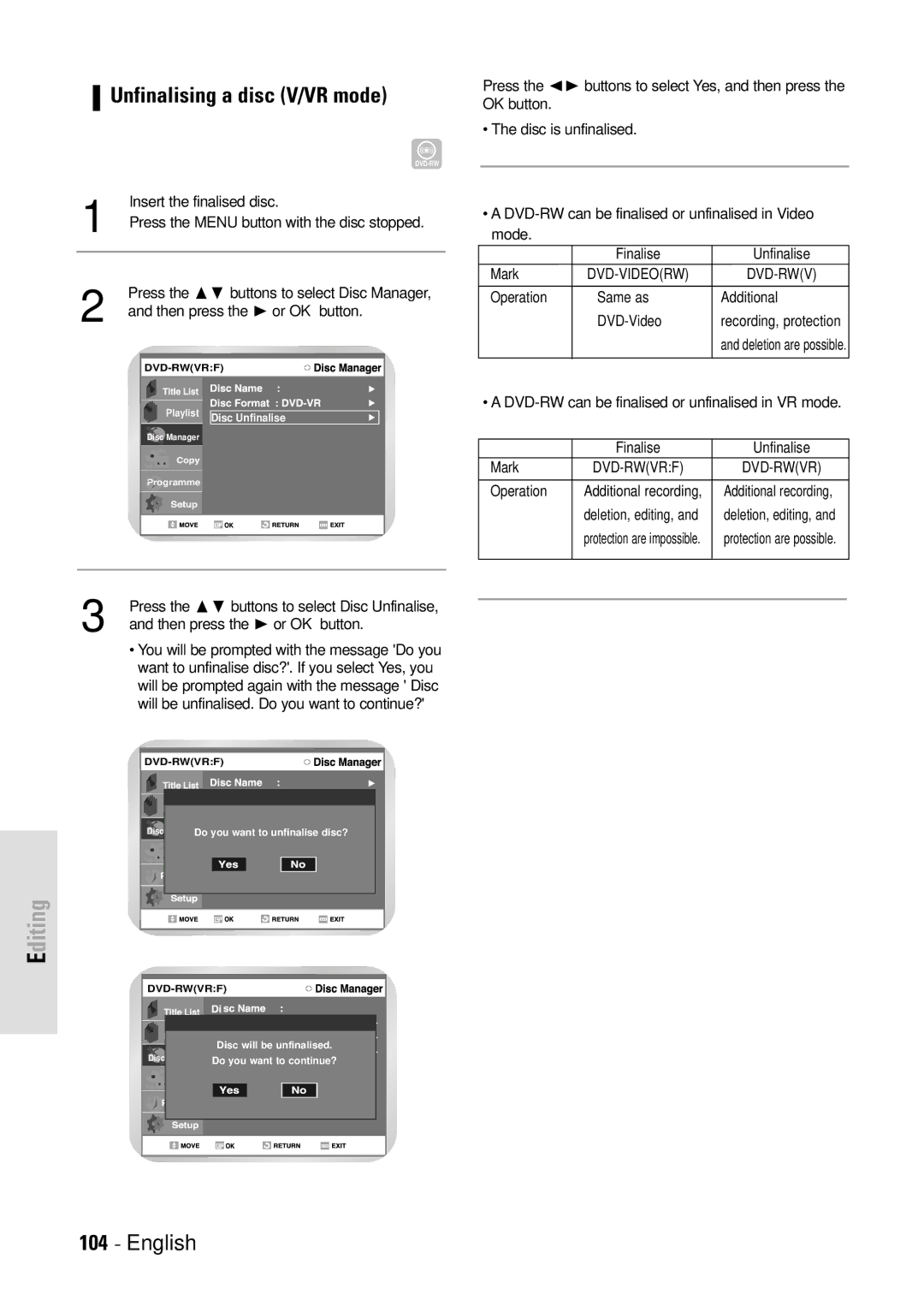 Toshiba D-VR3SB owner manual Unfinalising a disc V/VR mode 