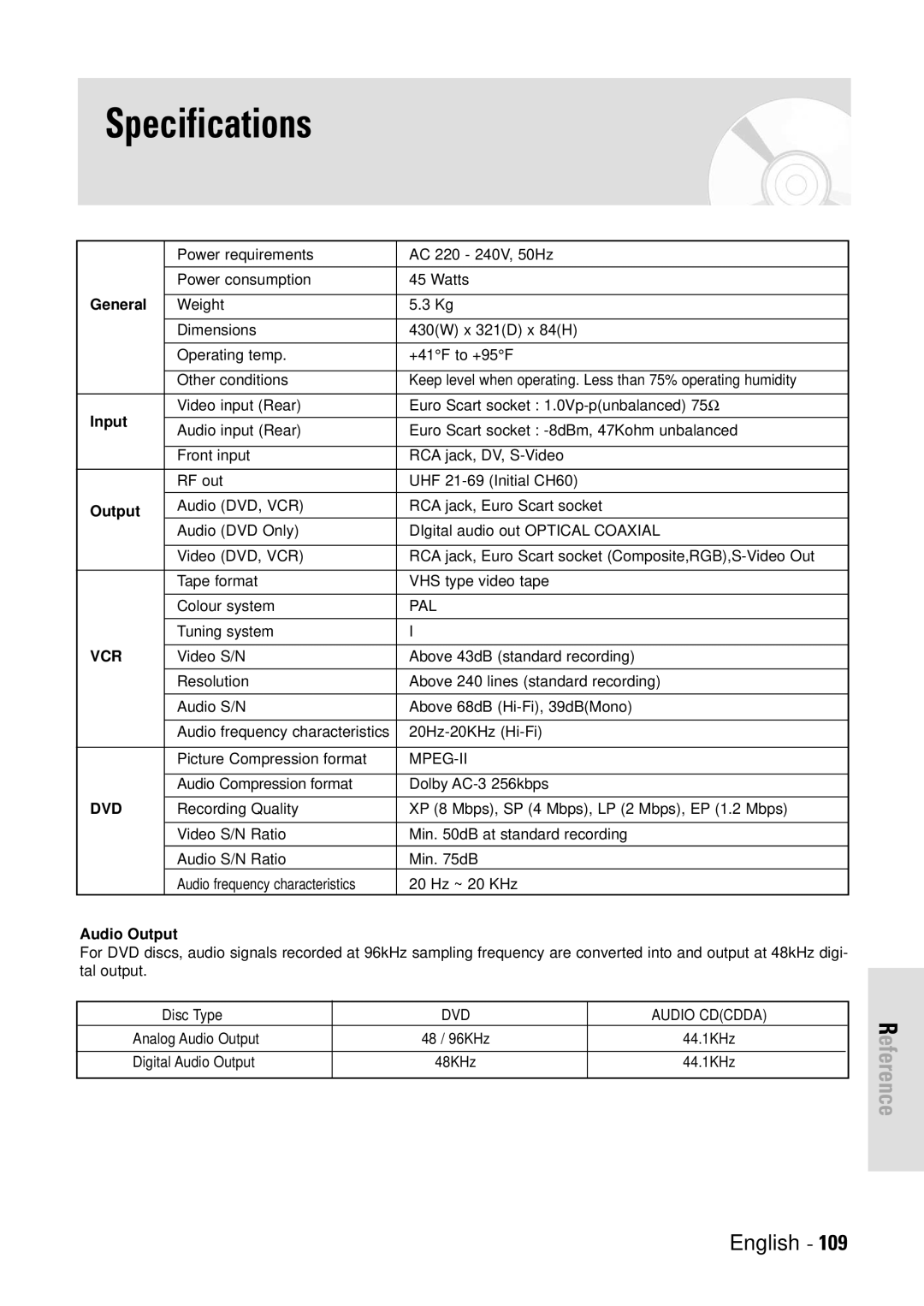 Toshiba D-VR3SB owner manual Specifications, General, Input, Audio Output 