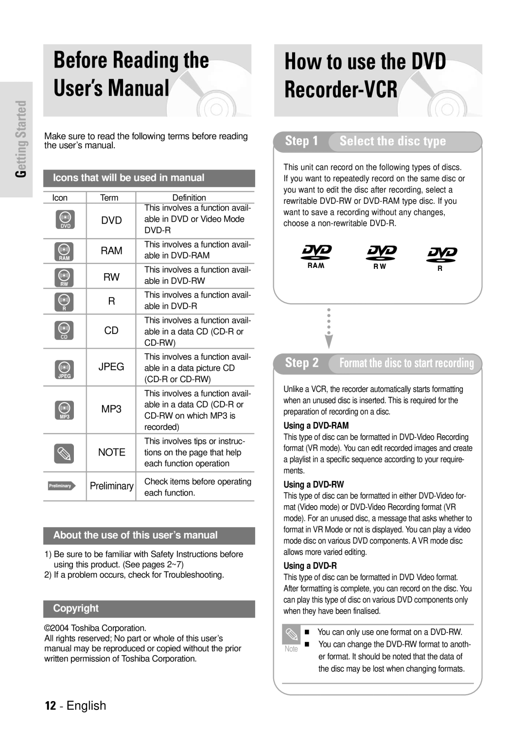 Toshiba D-VR3SB owner manual Before Reading User’s Manual, Icons that will be used in manual 