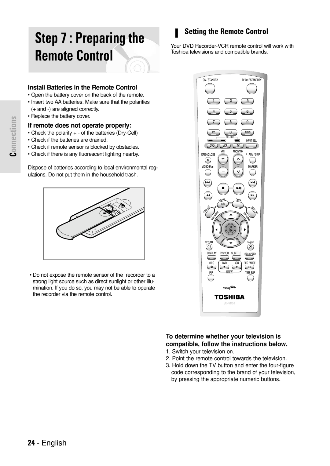 Toshiba D-VR3SB owner manual Setting the Remote Control 