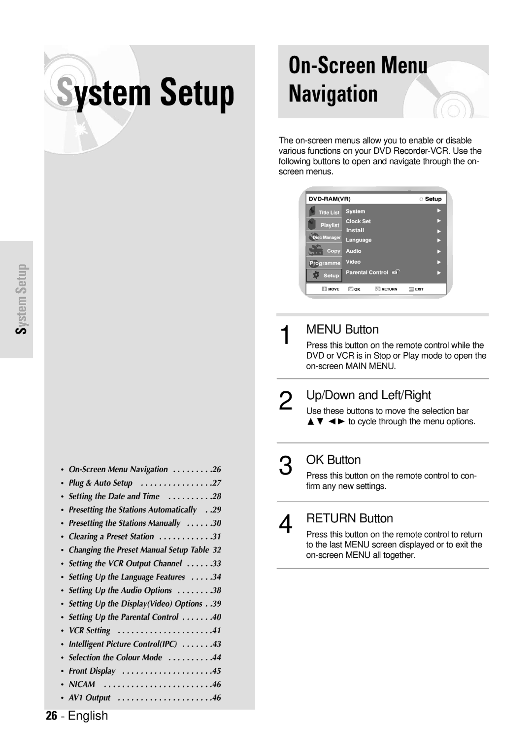 Toshiba D-VR3SB owner manual On-Screen Menu Navigation, Menu Button, Up/Down and Left/Right, OK Button, Return Button 