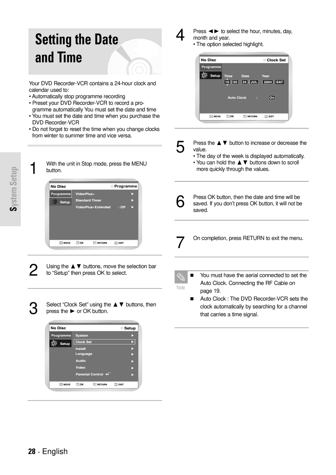 Toshiba D-VR3SB owner manual Setting the Date Time 