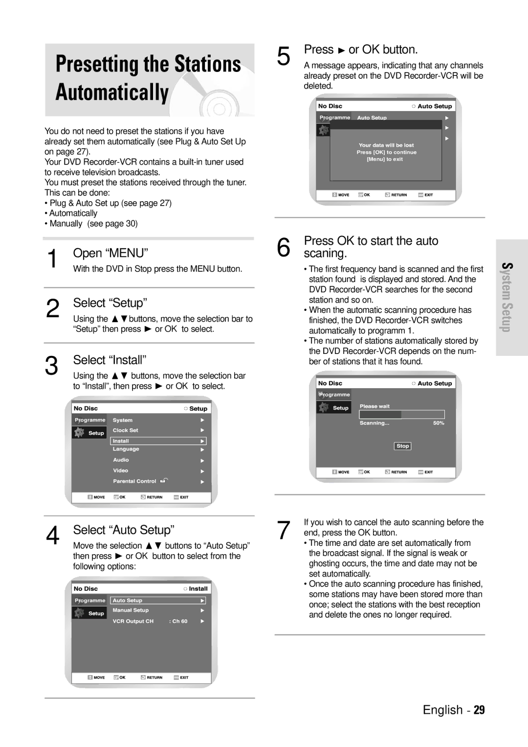 Toshiba D-VR3SB owner manual Open Menu, Select Setup, Select Install, Press ❿ or OK button, Scaning, Select Auto Setup 