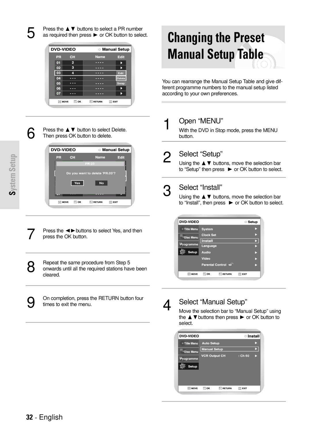 Toshiba D-VR3SB owner manual Changing the Preset Manual Setup Table 