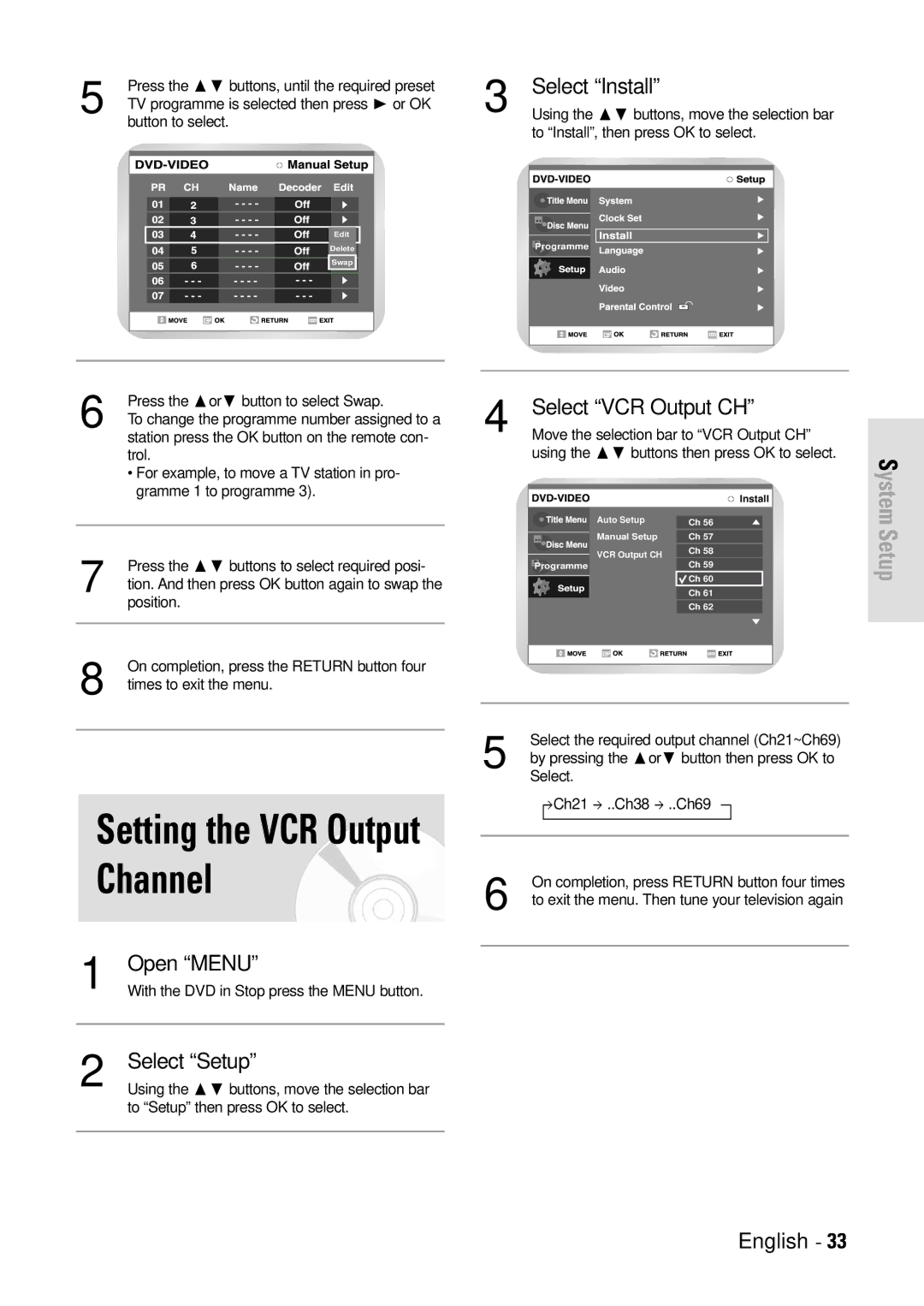 Toshiba D-VR3SB owner manual Setting the VCR Output Channel, Select VCR Output CH 