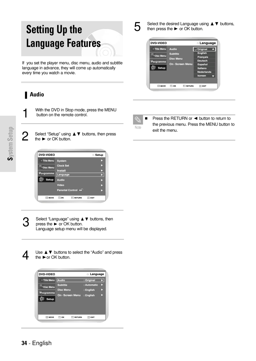 Toshiba D-VR3SB owner manual Setting Up, Language Features, Audio 