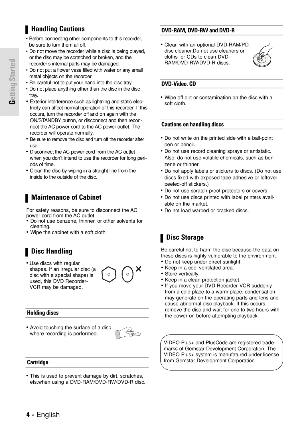 Toshiba D-VR3SB owner manual Handling Cautions, Maintenance of Cabinet, Disc Handling, Disc Storage 