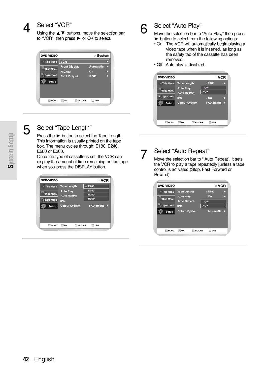 Toshiba D-VR3SB owner manual Select VCR Select Auto Play, Select Tape Length, Select Auto Repeat 