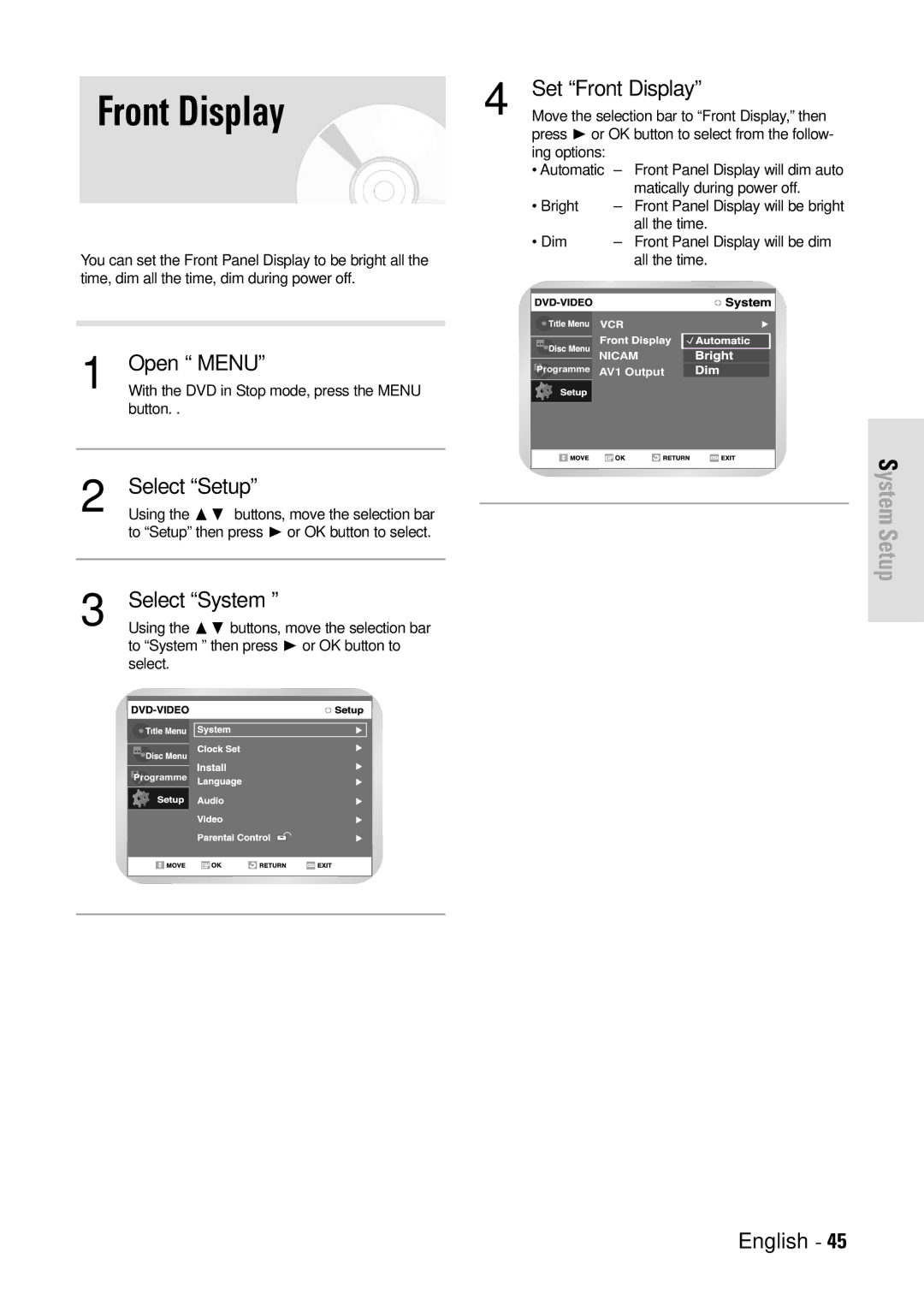 Toshiba D-VR3SB owner manual Set Front Display 