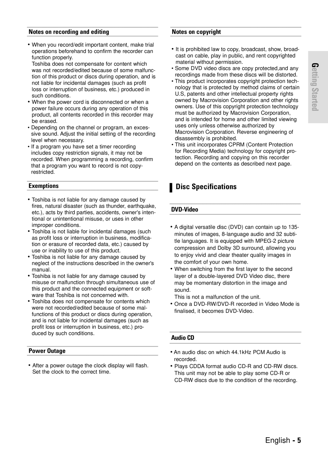 Toshiba D-VR3SB owner manual Disc Specifications, Exemptions 