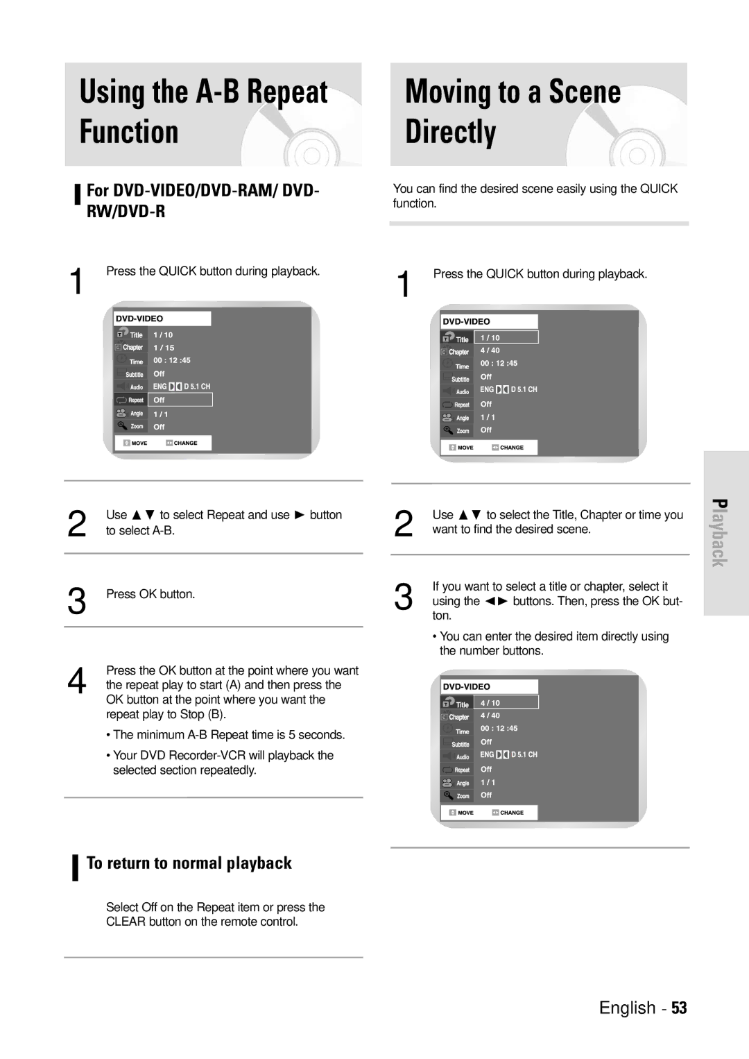 Toshiba D-VR3SB owner manual For DVD-VIDEO/DVD-RAM/ DVD- RW/DVD-R, To return to normal playback 