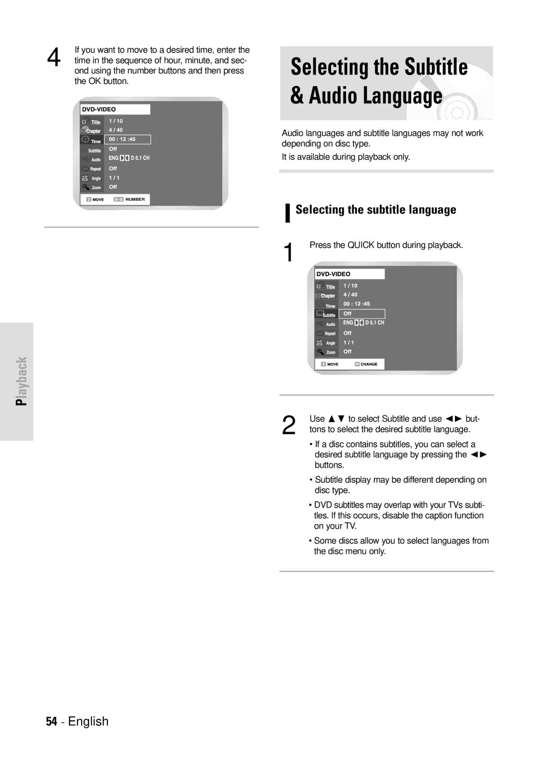 Toshiba D-VR3SB owner manual Selecting the Subtitle & Audio Language, Selecting the subtitle language 