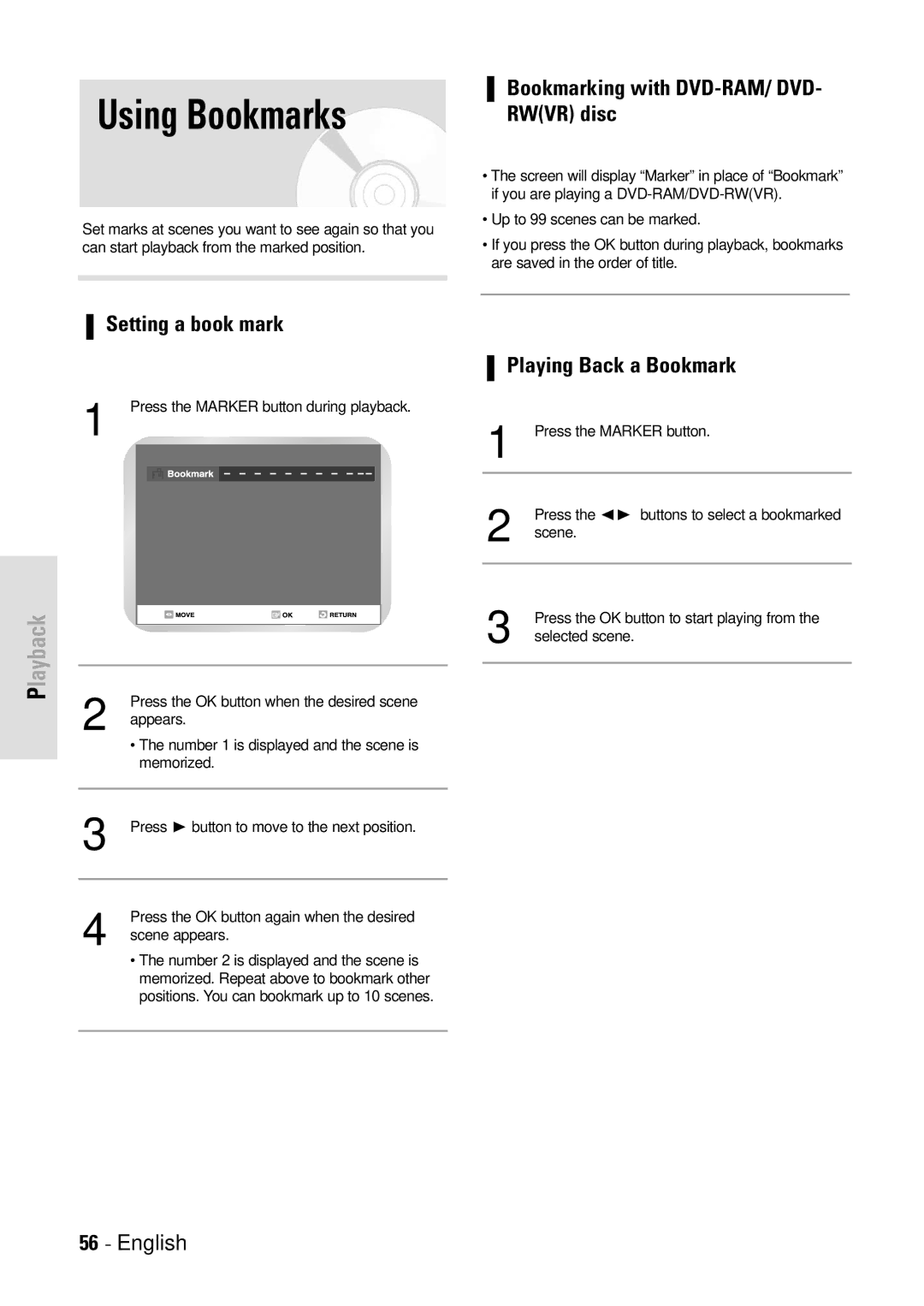 Toshiba D-VR3SB Using Bookmarks, Bookmarking with DVD-RAM/ DVD- Rwvr disc, Setting a book mark, Playing Back a Bookmark 