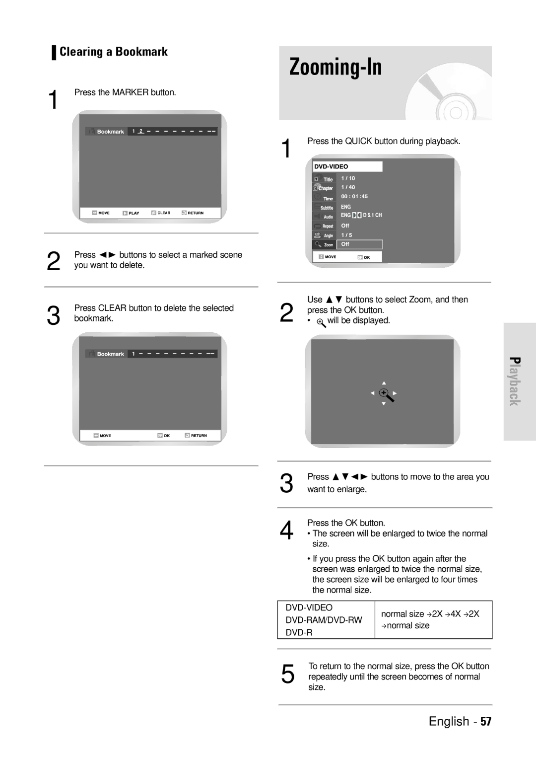 Toshiba D-VR3SB owner manual Zooming-In, Clearing a Bookmark 