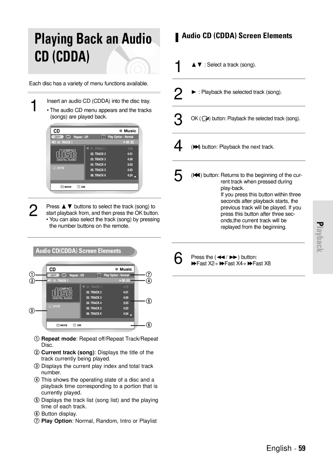 Toshiba D-VR3SB owner manual Playing Back an Audio CD Cdda, Audio CD Cdda Screen Elements 