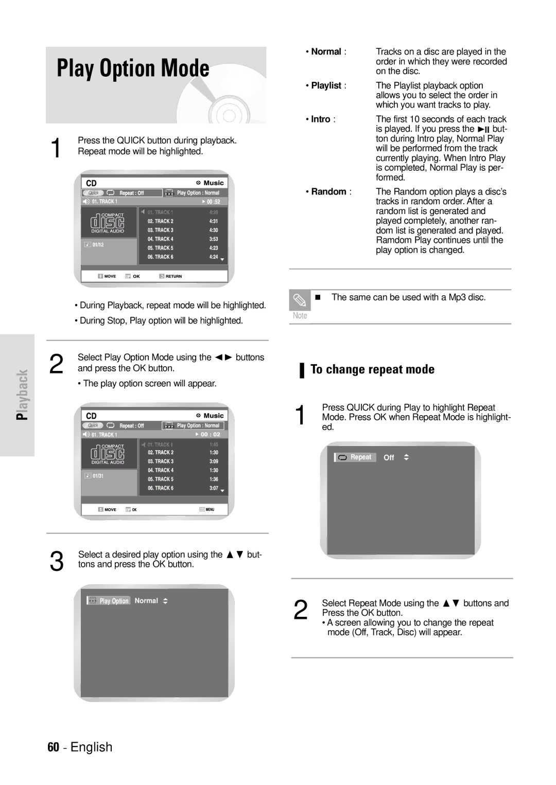 Toshiba D-VR3SB owner manual Play Option Mode, To change repeat mode 