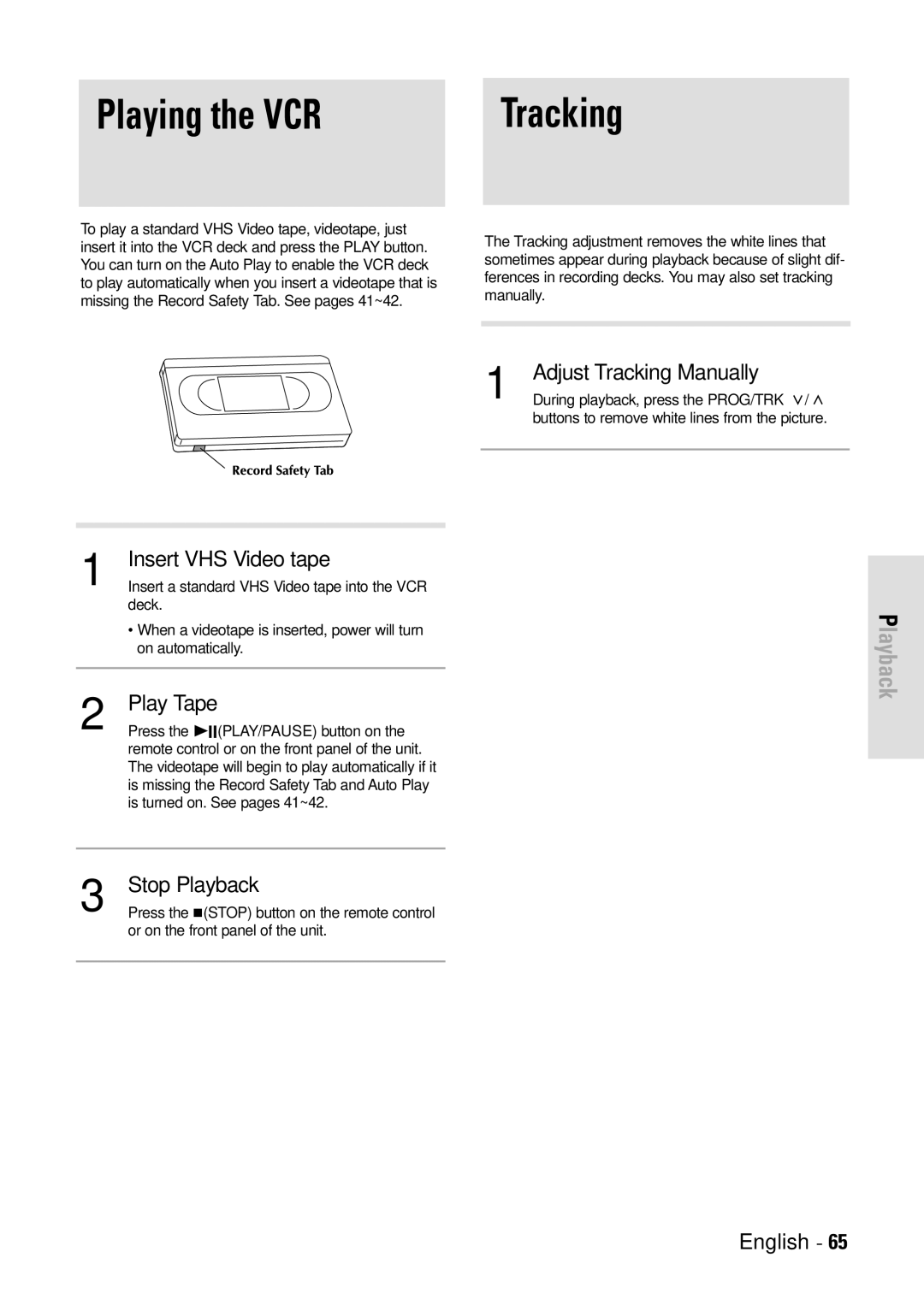 Toshiba D-VR3SB Playing the VCR Tracking, Adjust Tracking Manually, Insert VHS Video tape, Play Tape, Stop Playback 