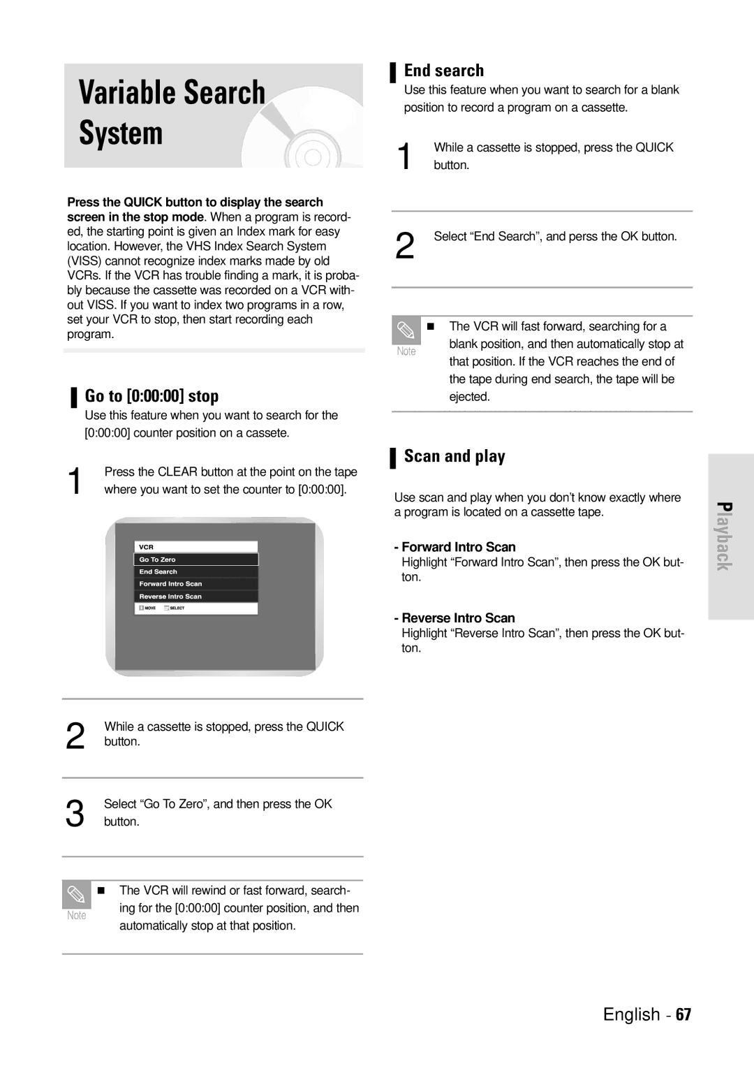 Toshiba D-VR3SB owner manual Variable Search System, End search, Go to 00000 stop, Scan and play 