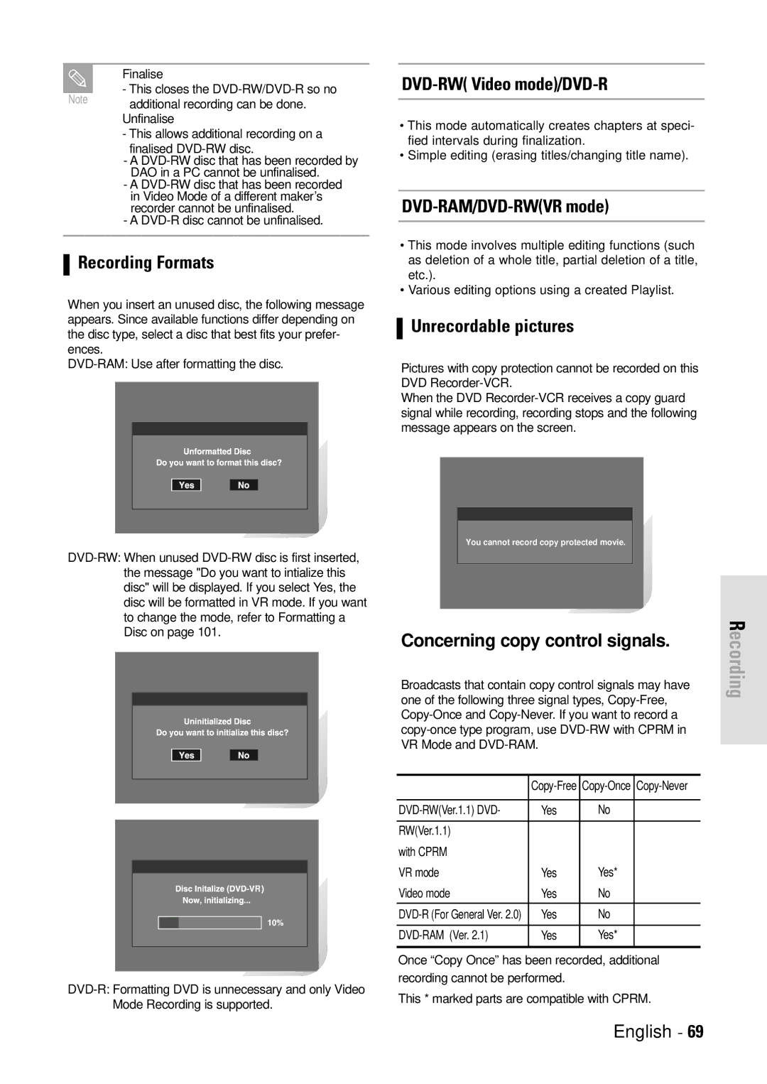 Toshiba D-VR3SB owner manual Recording Formats, DVD-RW Video mode/DVD-R, DVD-RAM/DVD-RWVR mode, Unrecordable pictures 