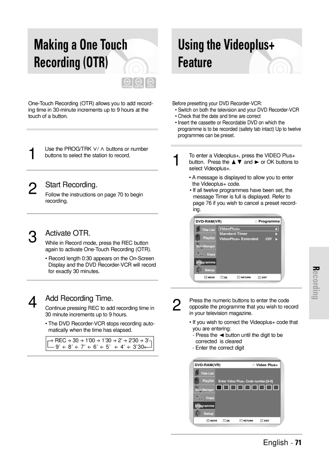 Toshiba D-VR3SB owner manual Recording OTR, Using the Videoplus+ Feature, Start Recording, Activate OTR, Add Recording Time 