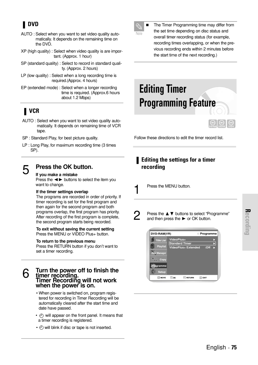 Toshiba D-VR3SB owner manual Editing Timer, Editing the settings for a timer recording 