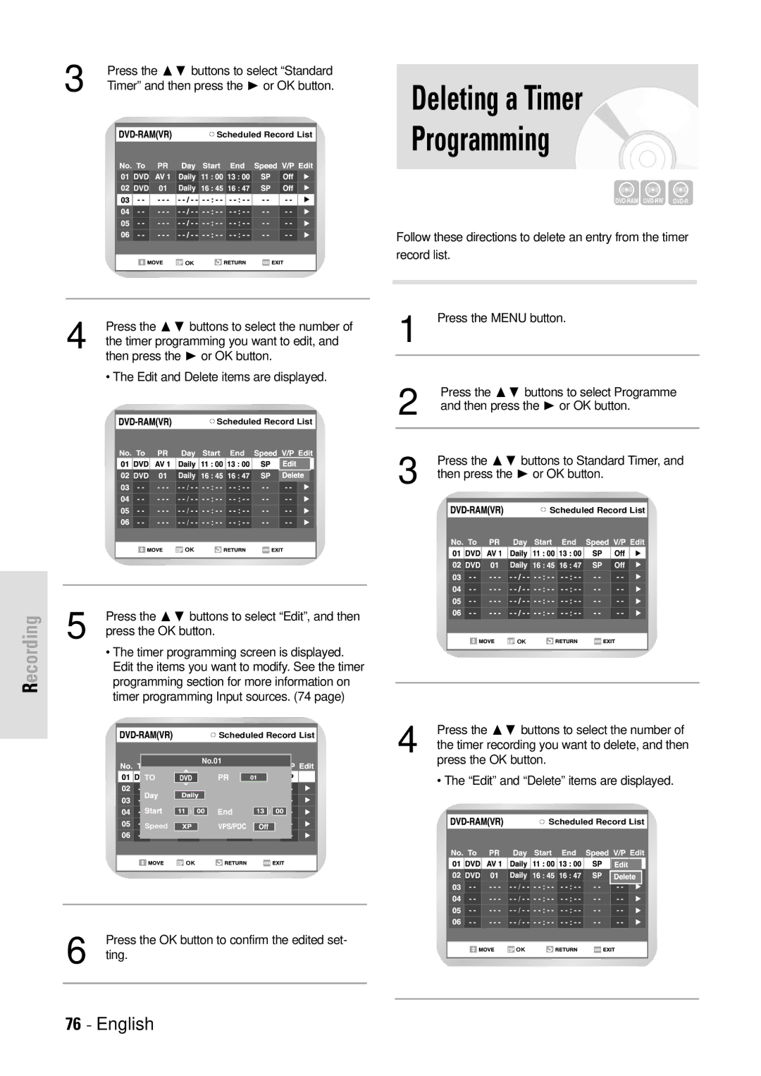 Toshiba D-VR3SB owner manual Deleting a Timer Programming 