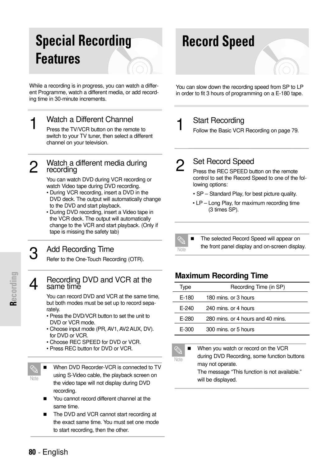 Toshiba D-VR3SB owner manual Record Speed, Features 