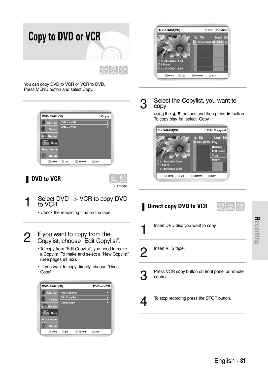 Toshiba D-VR3SB owner manual Copy to DVD or VCR, Direct copy DVD to VCR 