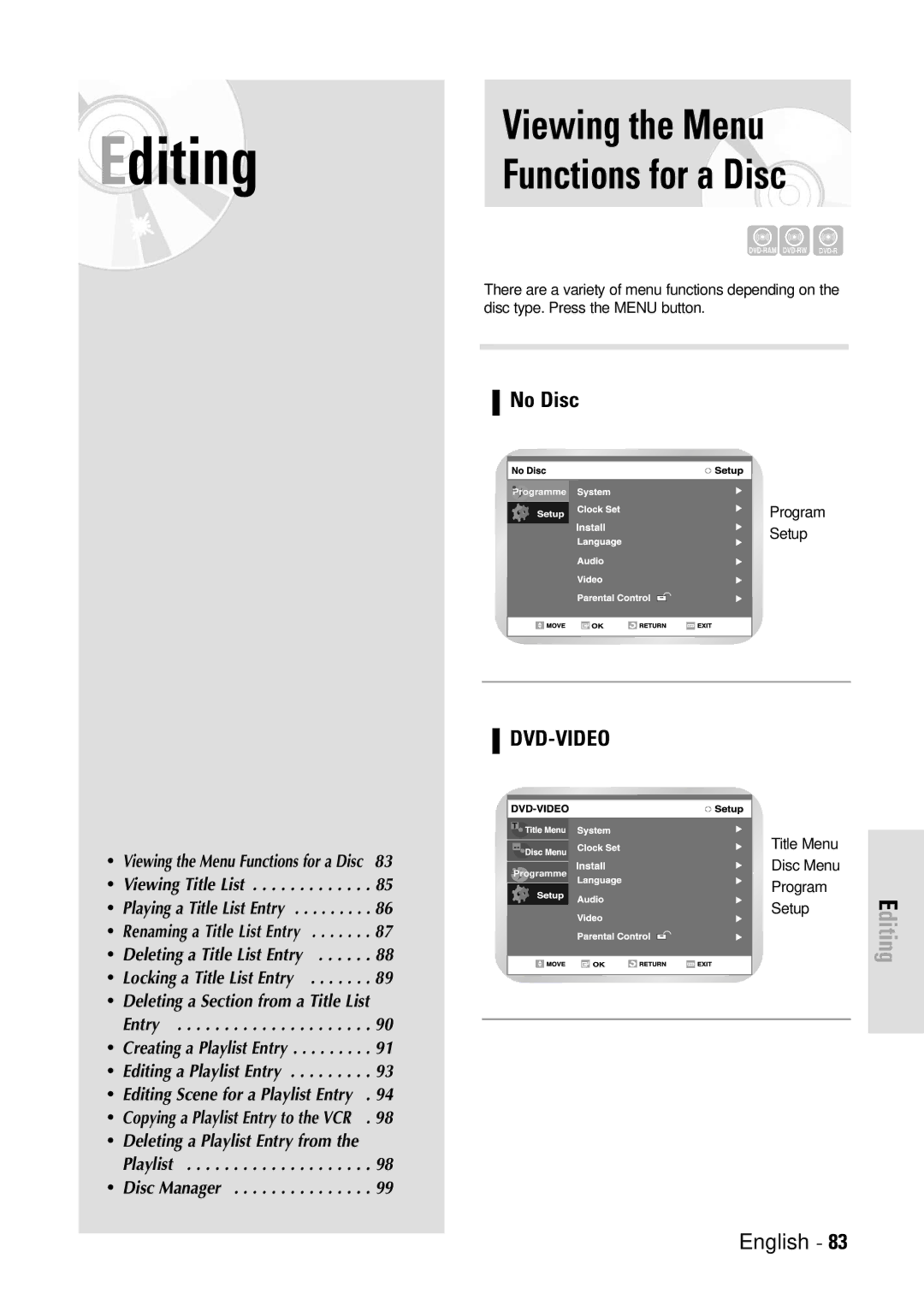 Toshiba D-VR3SB owner manual Viewing the Menu Functions for a Disc, No Disc 