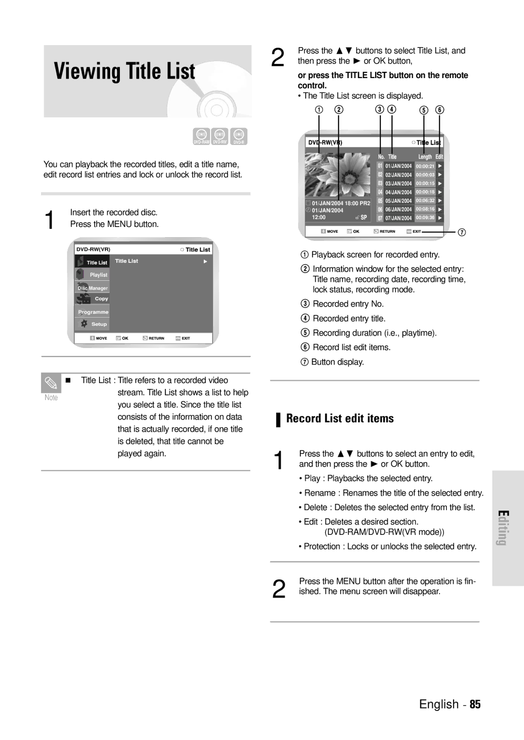 Toshiba D-VR3SB Viewing Title List, Record List edit items, Or press the Title List button on the remote control 