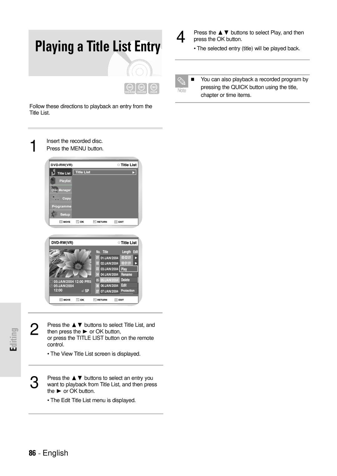 Toshiba D-VR3SB owner manual Playing a Title List Entry 